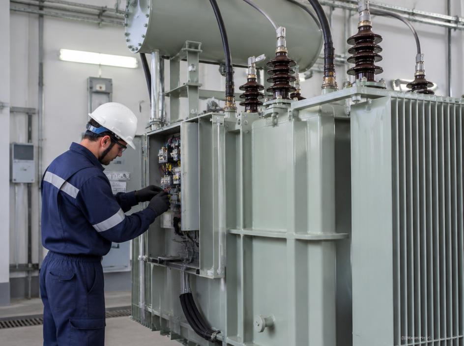 Técnico realizando manutenção em transformador industrial